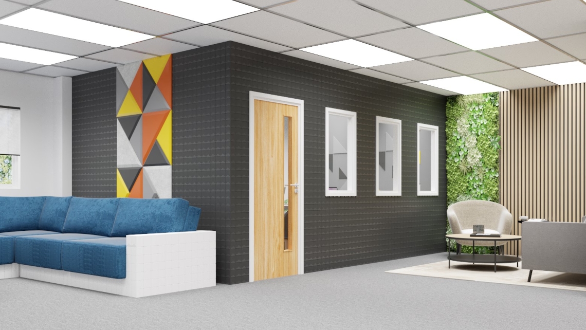 Morph Partitions create private rooms in an open plan layout, here the black bricks are made from recycled plastic