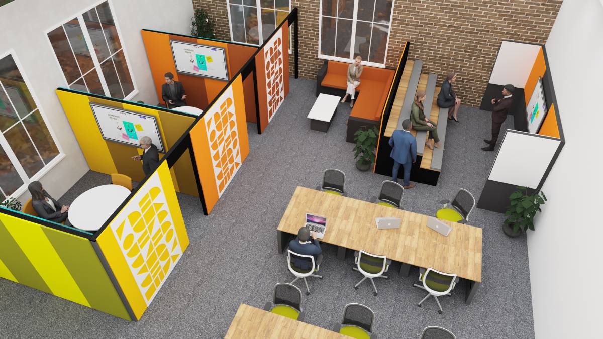 Example of office divided into distinct areas including a besopke presentation area with tiered seating