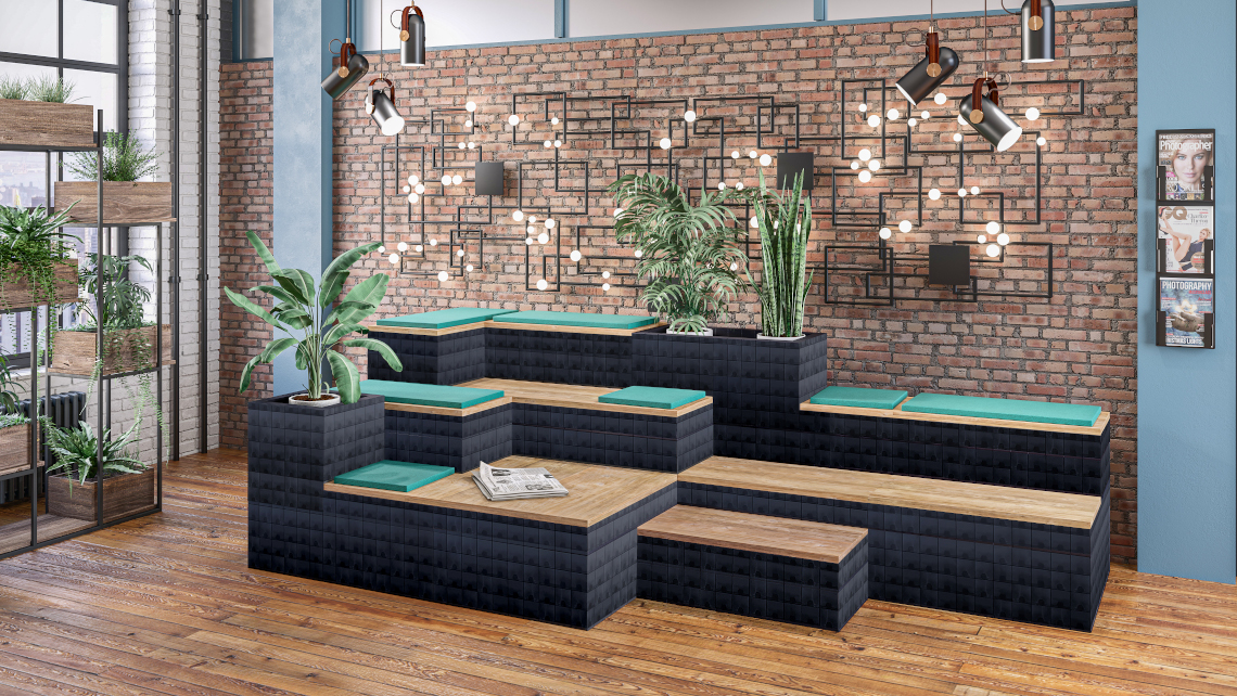 Morph Stax with planters and cushions in reception area Morph Stax with planters and cushions in reception area