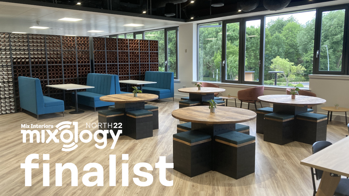 Office Cafe breakout area - morph tables finished with oak stained reclaimed scaffold boards plus matching Morph stools finished with upholstered cushions