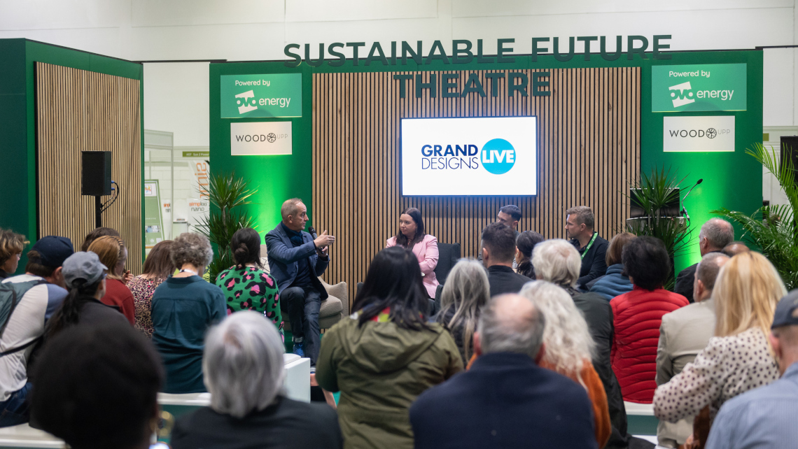 Grand Design Live Sustainable Future Theatre in London 2022. Morph Bricks will create a new design for the shows in 2023 and 2024. Grand Designs Live Sustainable Future Theatre picture taken from London 2022 show. Mroph Bricks will be using the Bio range to create the theatre in Brimingham in 2023 and in London in 2024