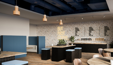 Cafe layout with Morph booths, occaisional tables and counter