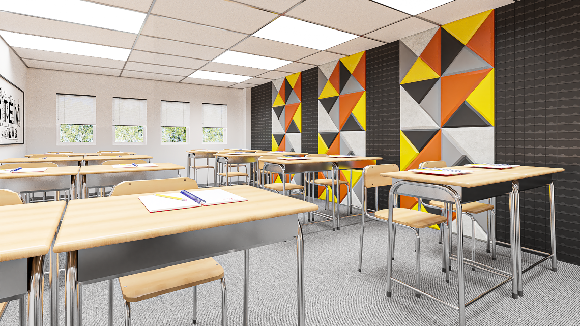 Supporting the Circular Economy Morph partition wall with colourful acoustic panels divides a classroom from the common room
